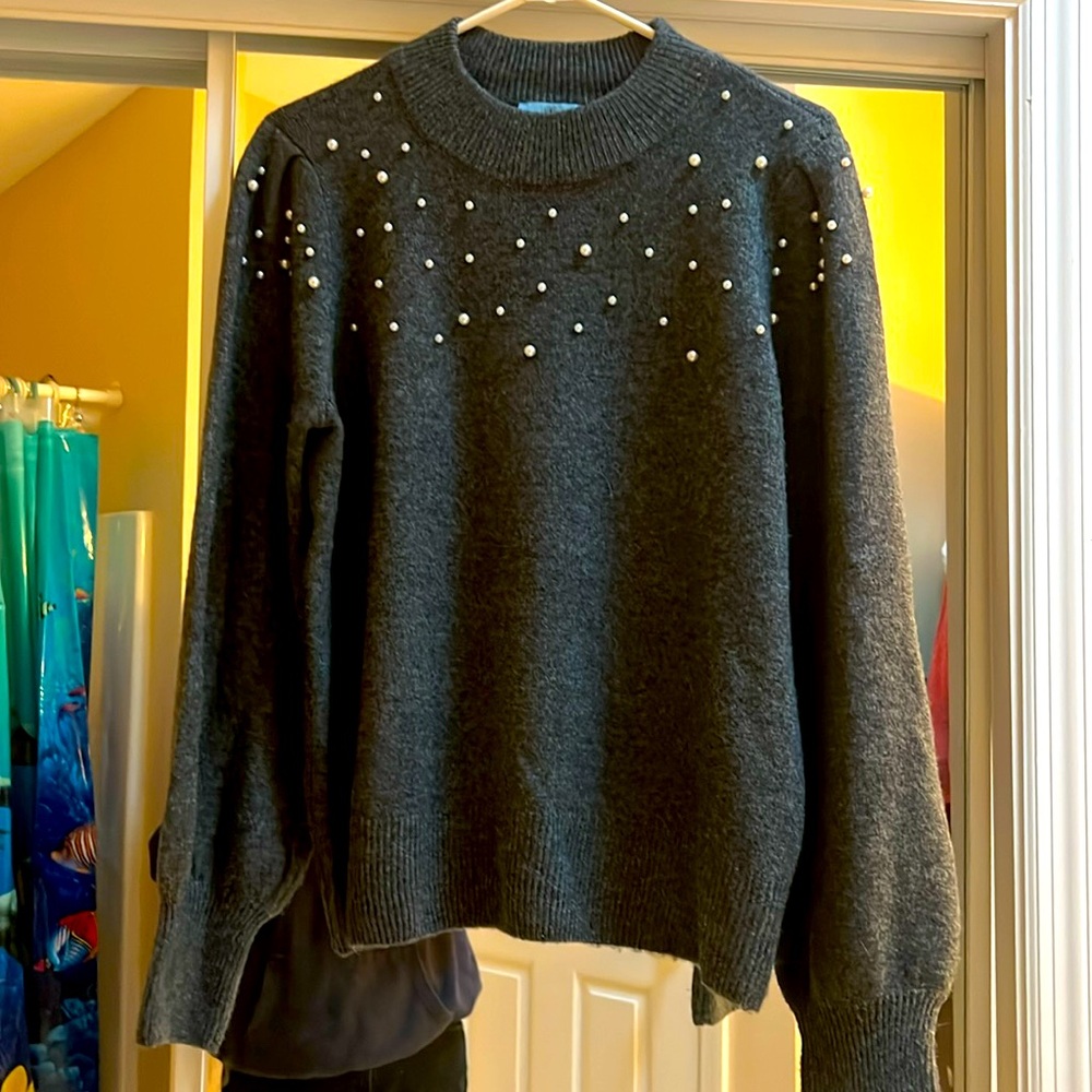 CECE SWEATER WITH PEARL YOKE AND SHOULDERS DRESSY, only worn once,runs big